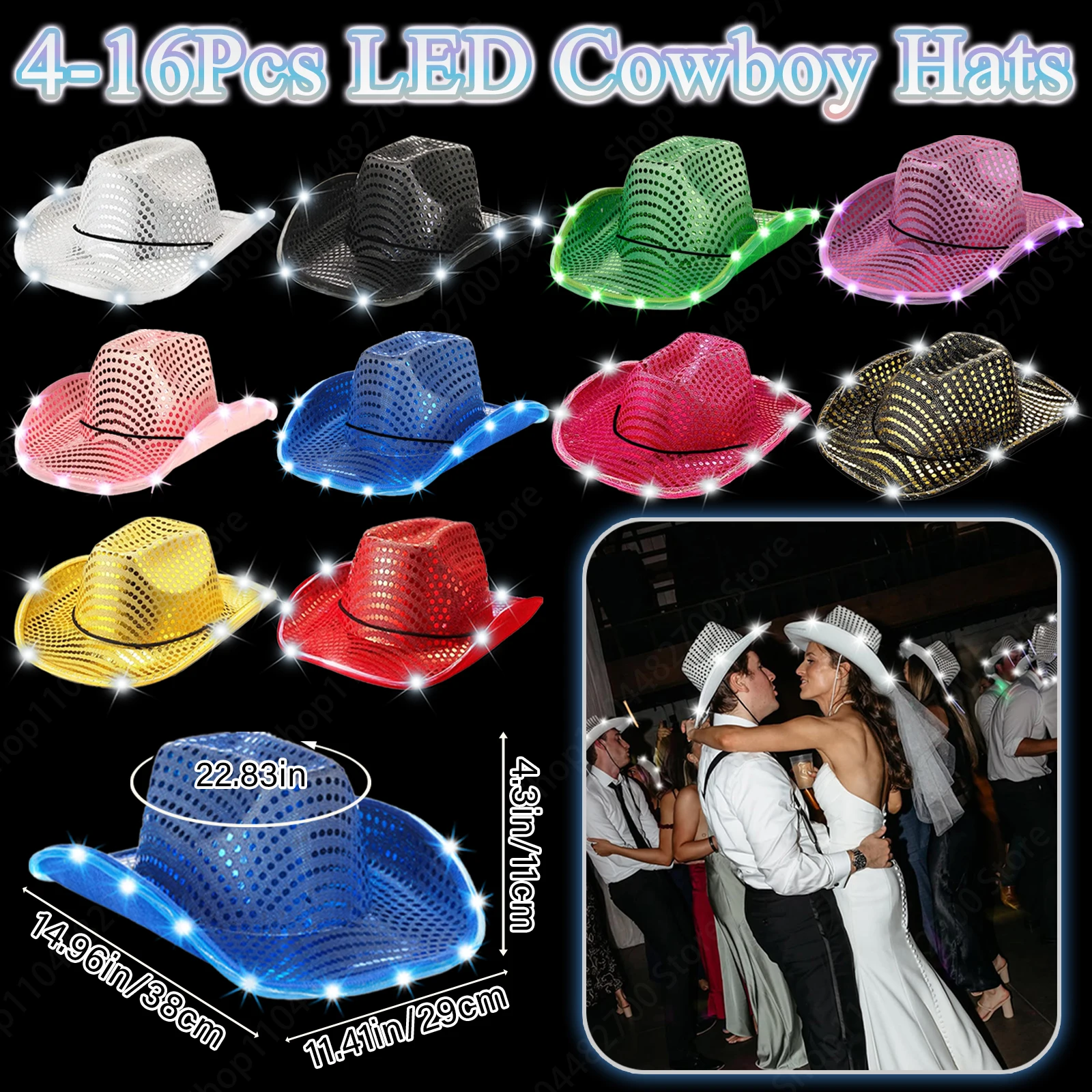 4/6/8/10/12/16Pcs LED Cowboy H - огляд і ціна Party Hat Cone